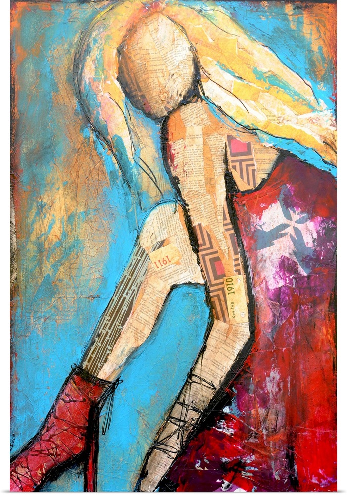 A contemporary mixed media collage of a woman in heels, blonde hair, sleeveless dress, and rendered without a face.