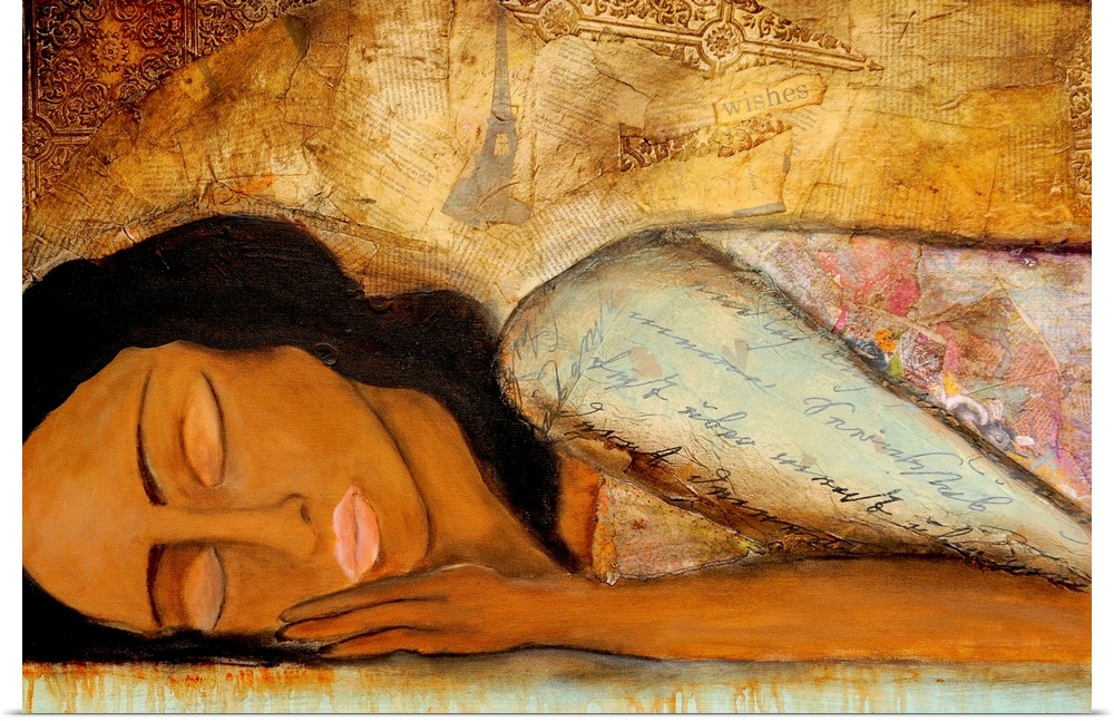 Large horizontal fine art of and African-American woman lying down with her eyes closed, on a background of golden scraps ...