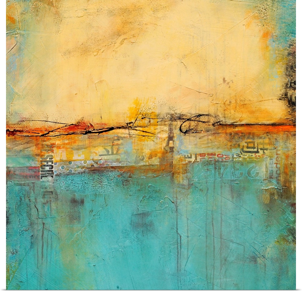 A contemporary abstract painting with cool colors accented with warm, earthy tones.
