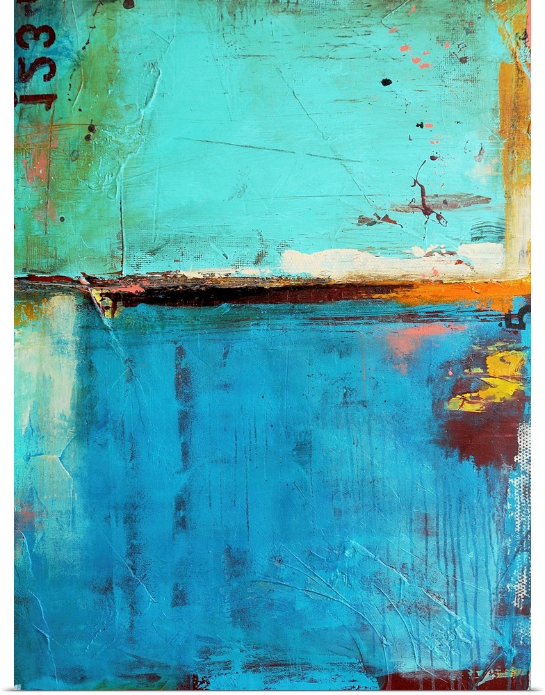 A contemporary abstract painting of grungy paint textures and numbers.