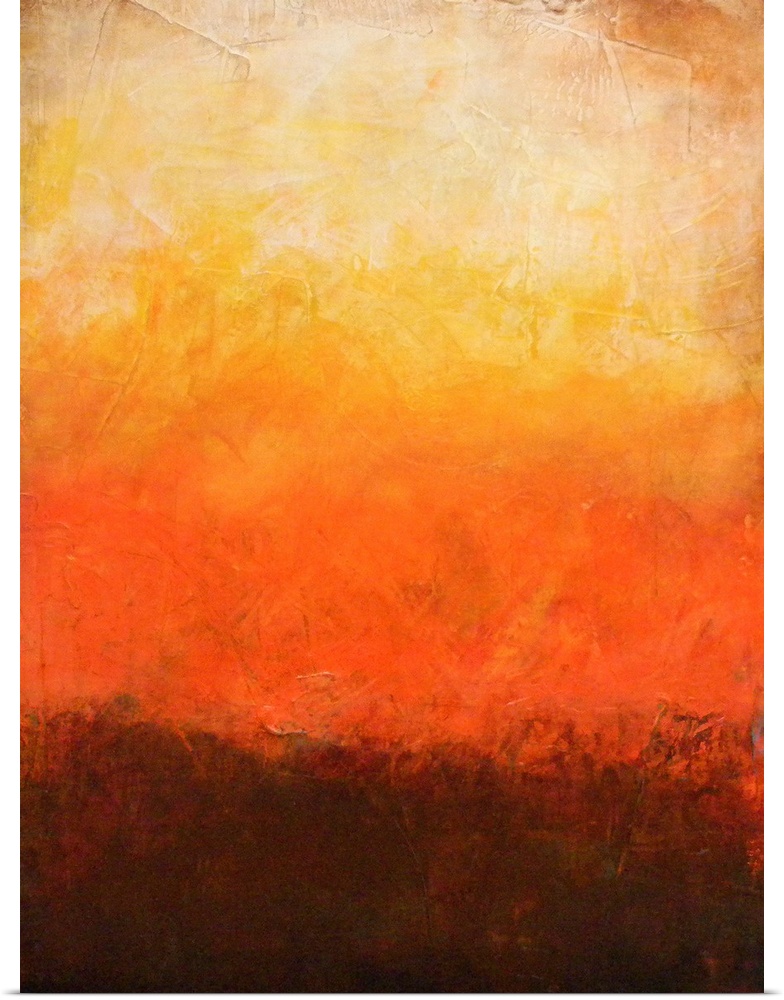 Vertical, abstract artwork created with different shades of color and textures suggesting a brilliant beach sunset.