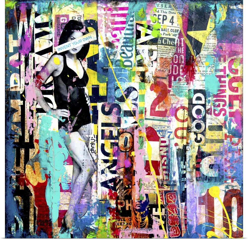 Mixed media artwork with a black and white image of a woman on a colorful square background filled with cut out words and ...