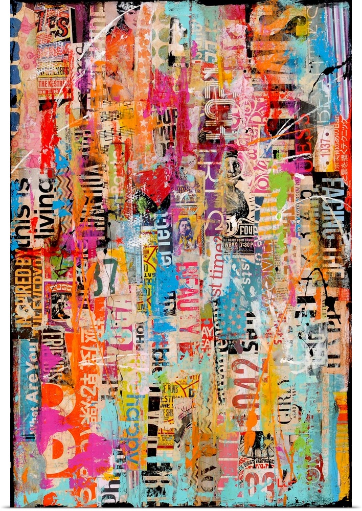 Contemporary abstract painting using a collage of different print clippings and paint textures.