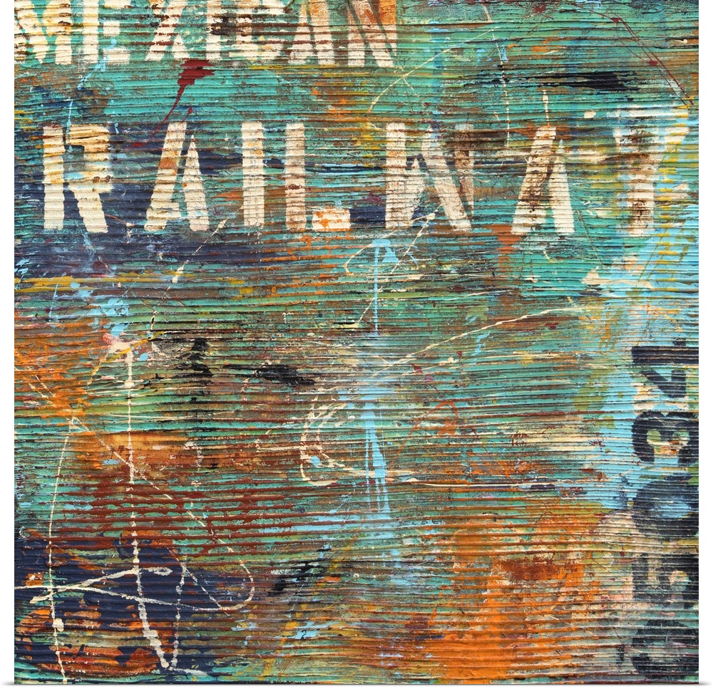 Contemporary abstract artwork in teal and orange, with horizontal stripes and stenciled text.