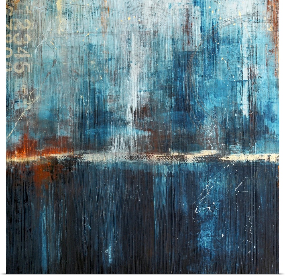 Abstract canvas art of cool tones with heavy brush textures.