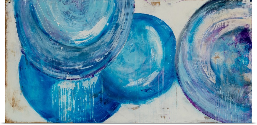 Horizontal contemporary abstract painting with thick textured and layered brushstrokes in large circles of blue on a white...