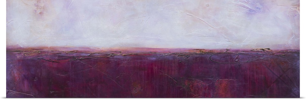 Panoramic abstract painting in purple hues with magenta coming through and thin, black, squiggly lines on top, dividing th...