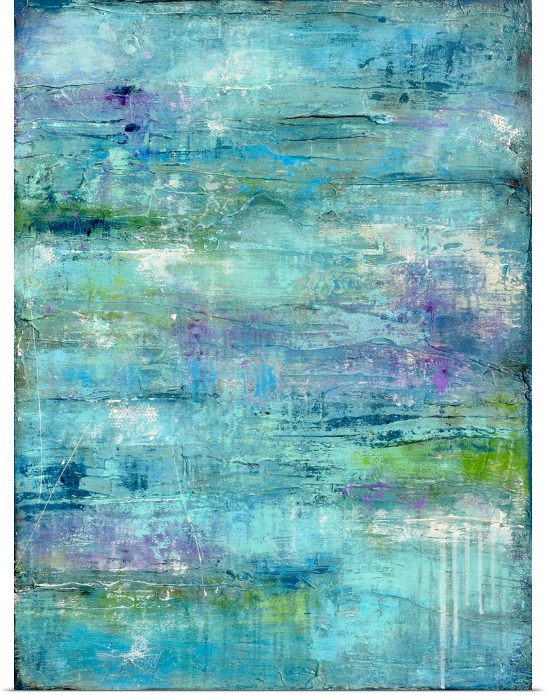 Contemporary abstract painting using aqua tones mixed with touches of light purple.