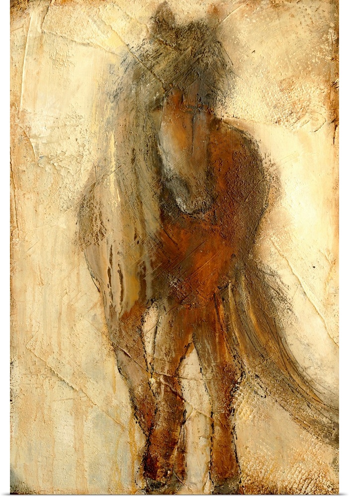 A large contemporary art piece of a horse that includes a lot of texture and warm tones.