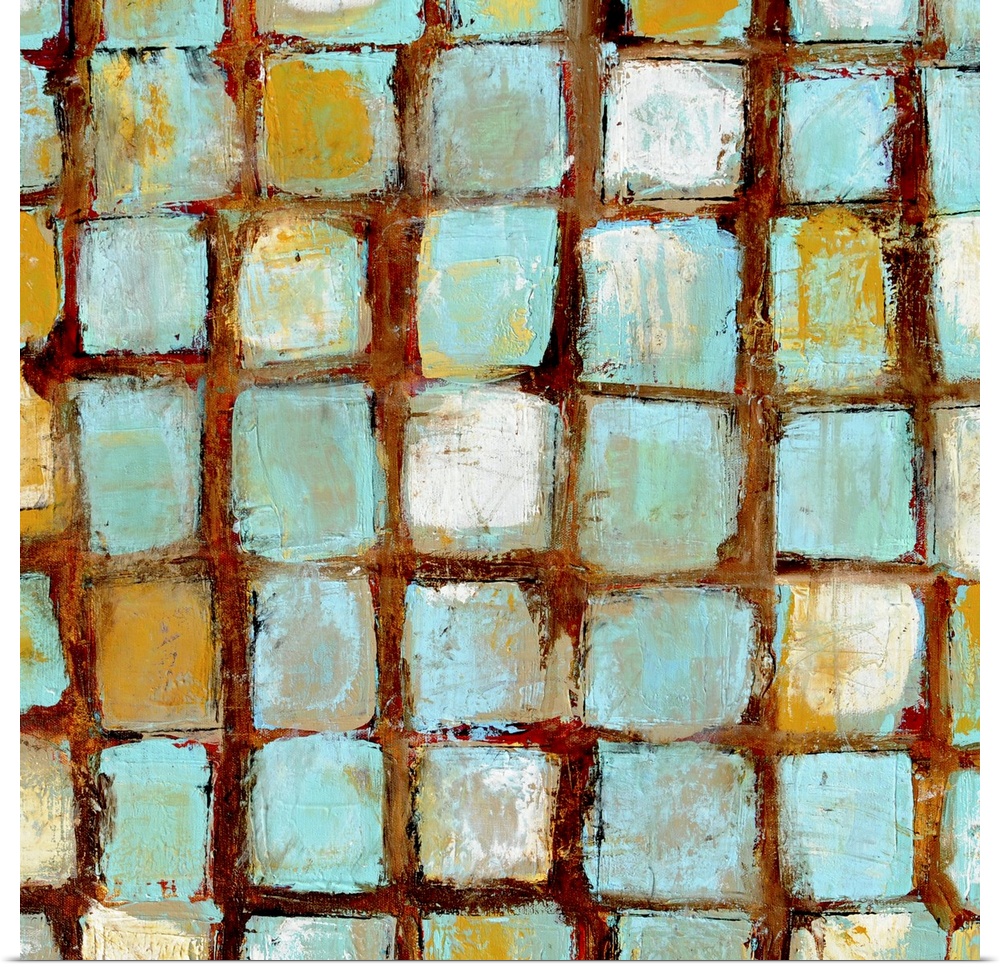 Contemporary abstract painting of distressed beach colored squares arranged in a grid pattern with a dark contrasting outl...