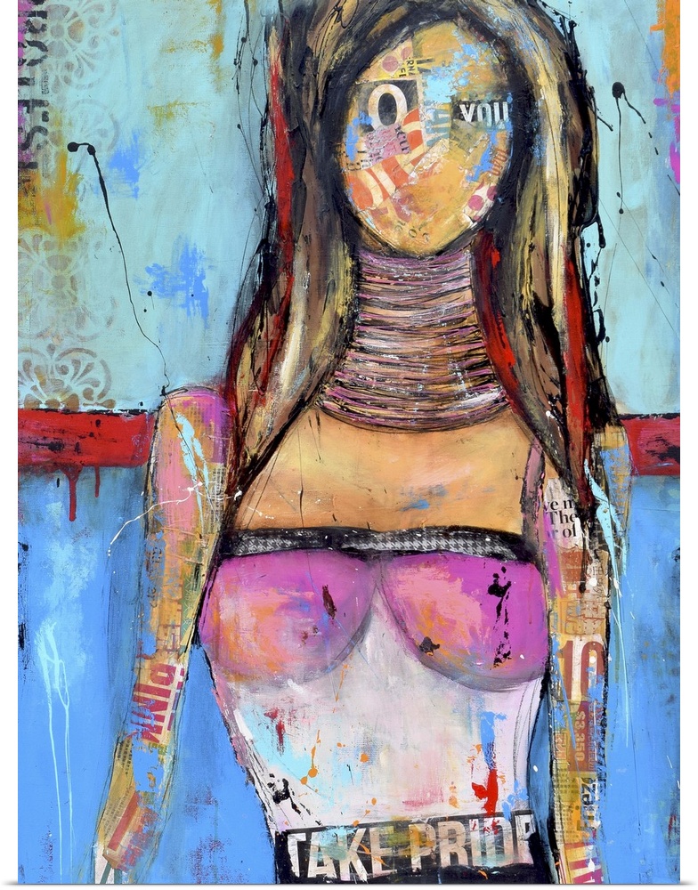 A contemporary abstract painting of a female figure against a blue background.