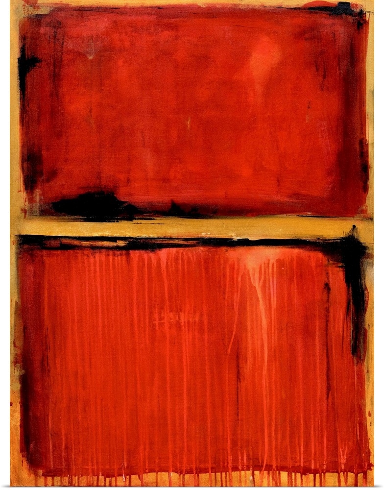 Contemporary abstract artwork in deep red with an orange stripe.