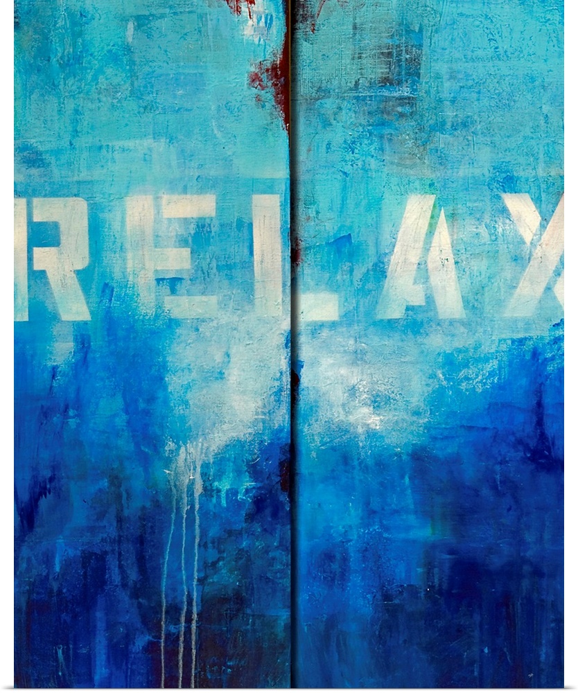 Giant contemporary art broken into two vertical rectangles composed of cool tones that have a stenciled font laying over t...