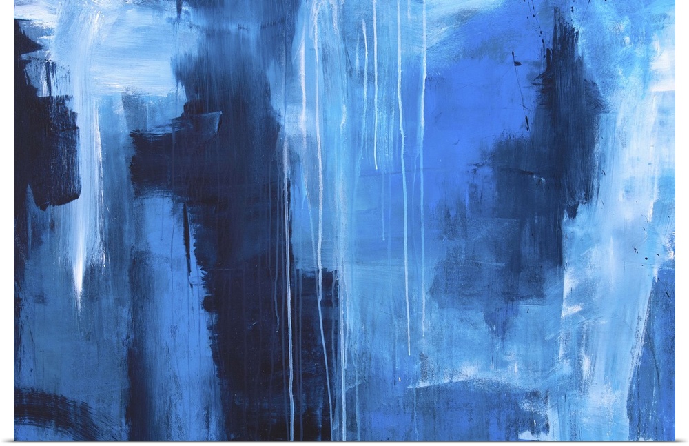 Large abstract painting created with shades of blue and dripping white paint.