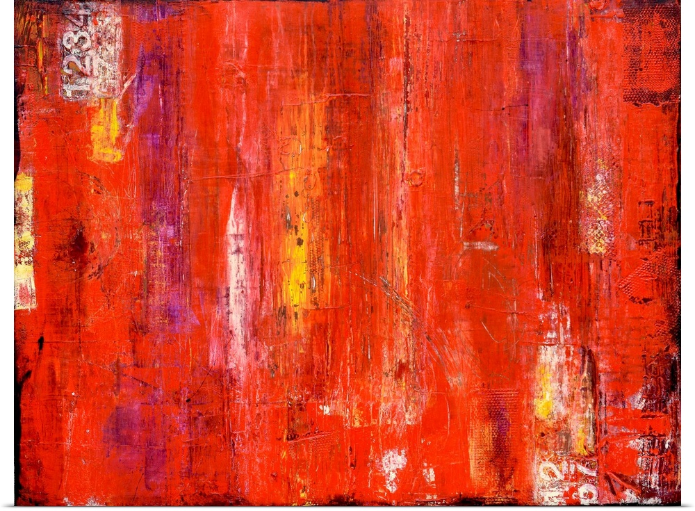 Contemporary abstract painting using bright vibrant red with streaks of yellow.