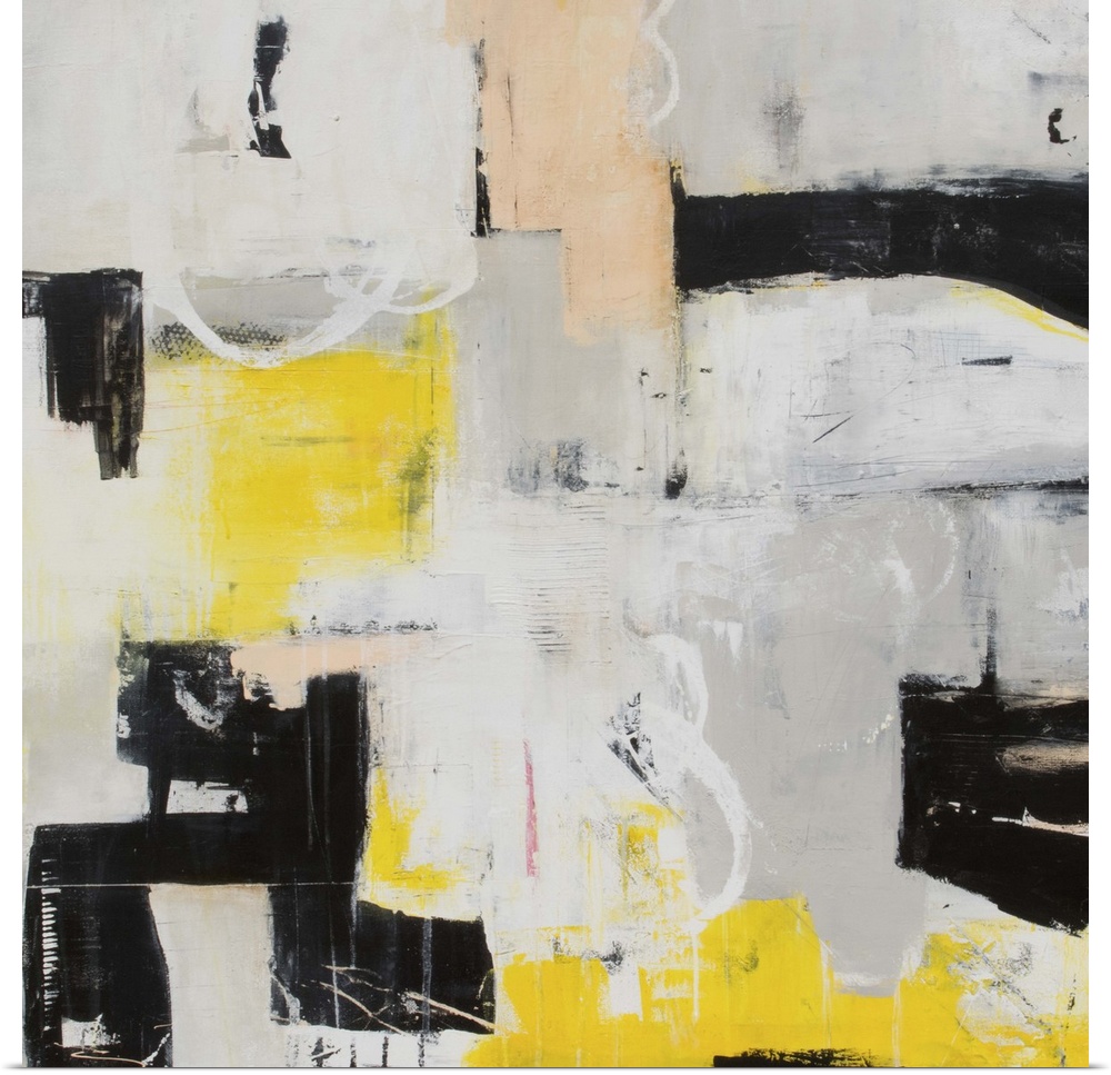 Contemporary abstract art in grey and black with pops of yellow.