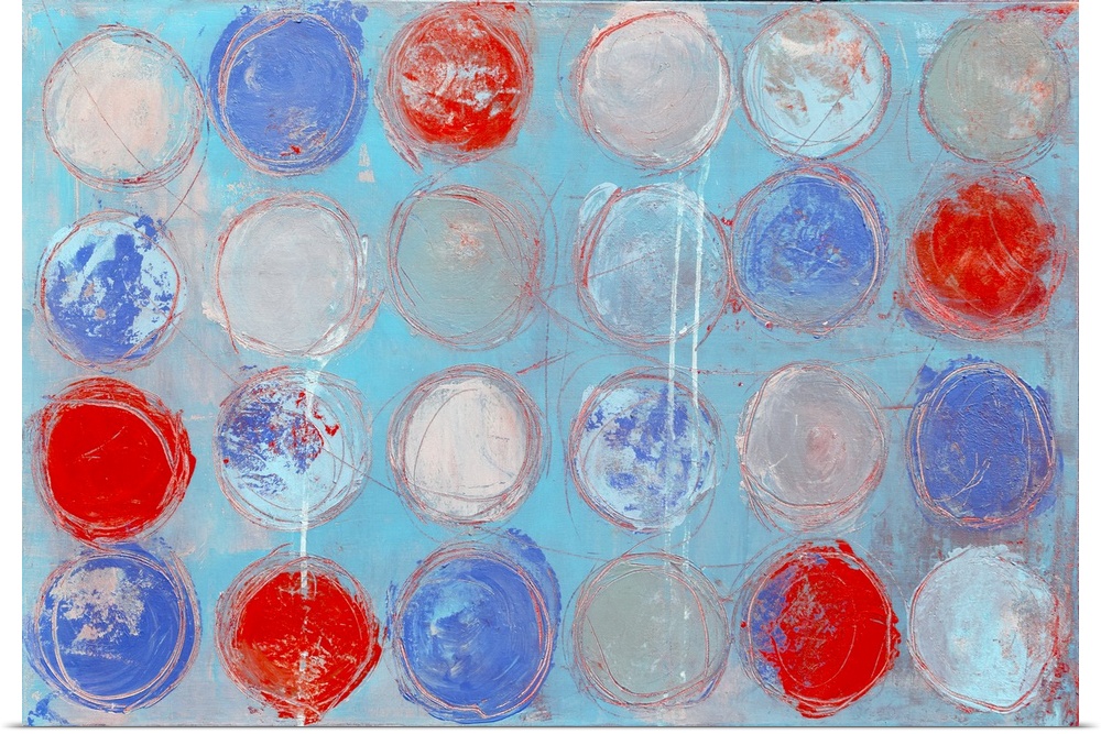A contemporary abstract painting of colorful circles against a pale blue background.