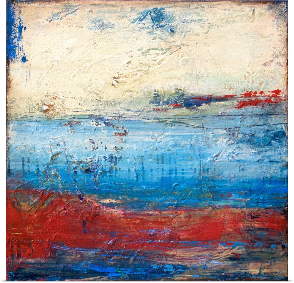Square abstract painting with heavy texture and layered paint in shades of blue, red, and white.