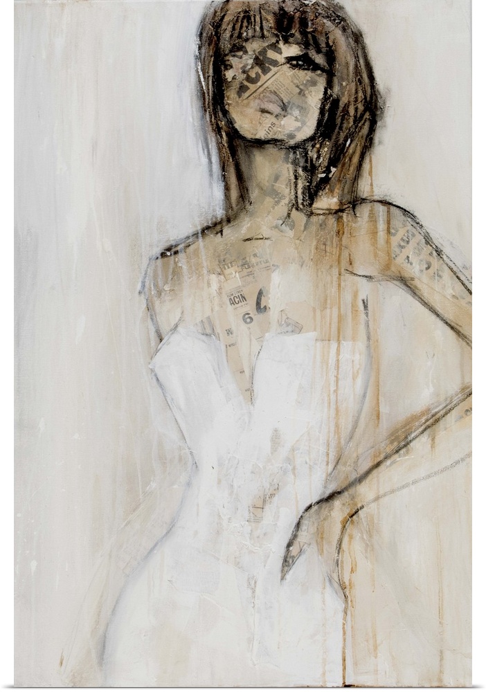 A contemporary abstract painting of a brunette woman wearing a white strapless dress with her hand placed on her hip. Her ...