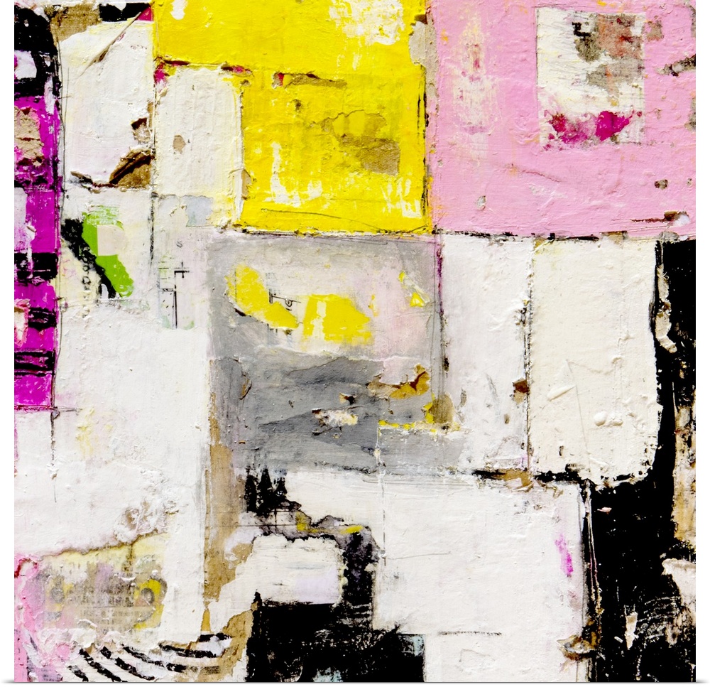 Contemporary abstract painting in a grungy style in pink, yellow, black, and white.