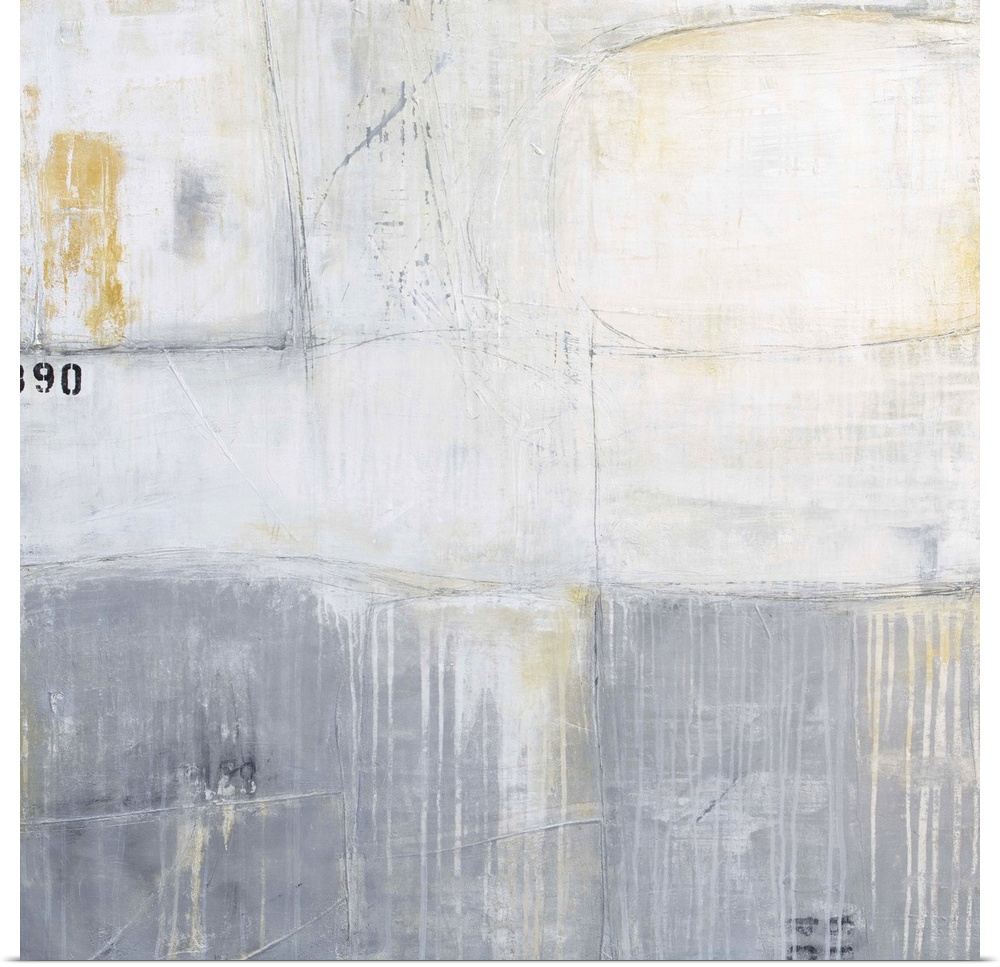 A square contemporary abstract painting that consists of a majority of both dark and light greys along with warm brown ton...
