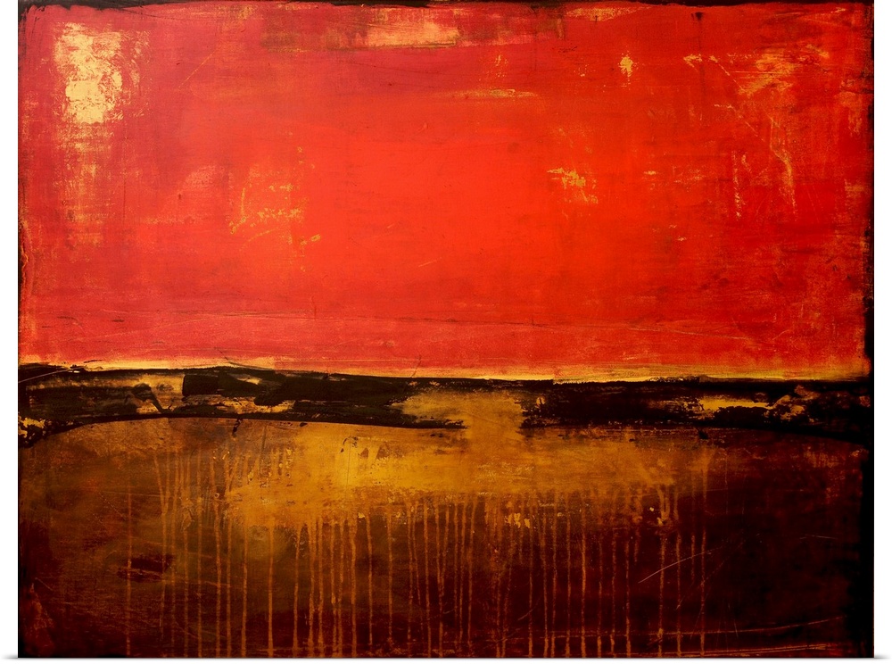 Contemporary abstract painting using bright red bordering the top half of the image and brown bordering the bottom half.