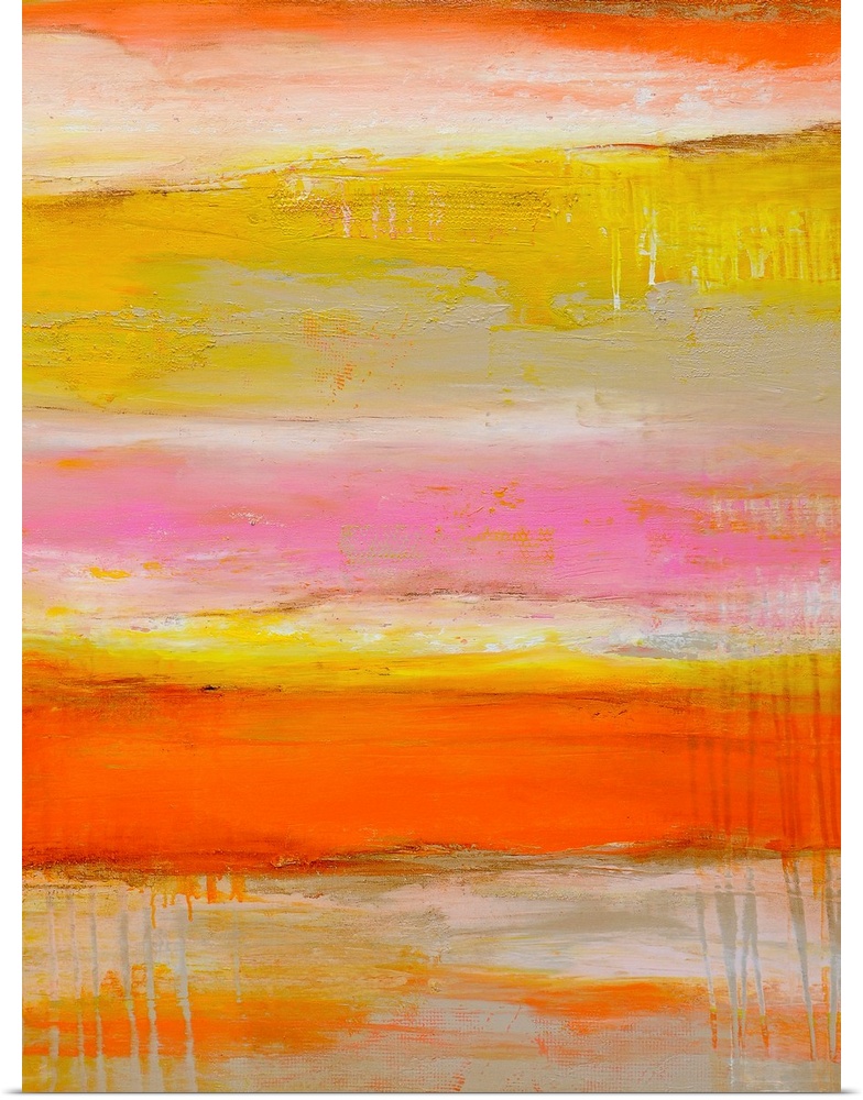 Tall abstract painting of various bright colors layered horizontally with textured brush strokes.