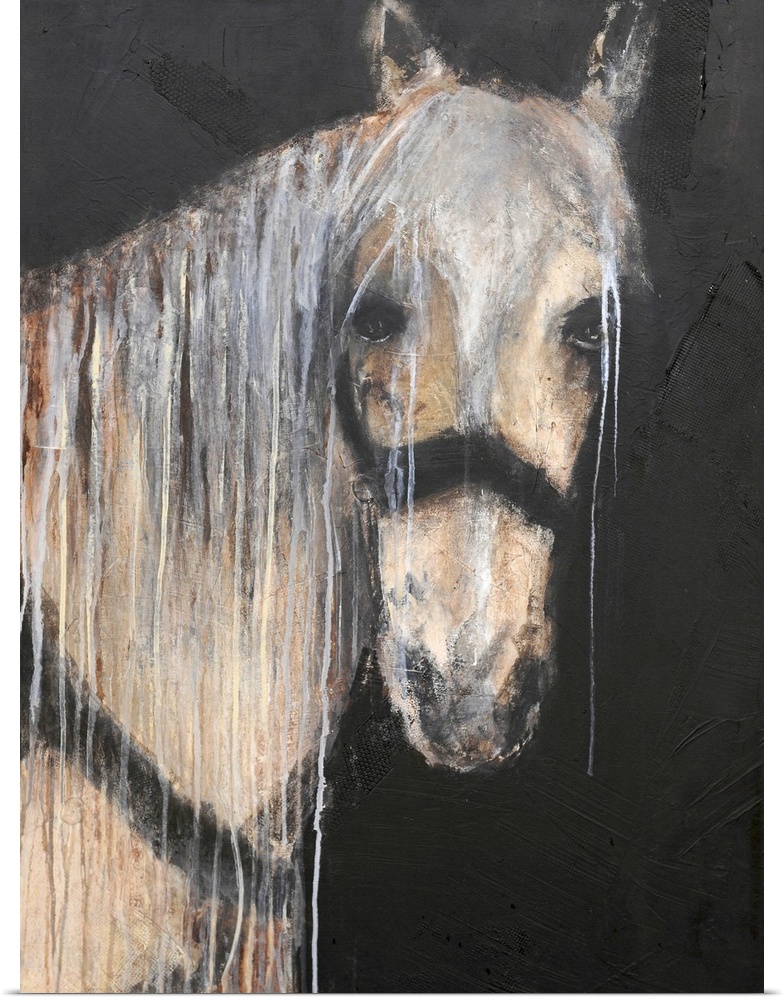 Painting of a horse on a dark background.