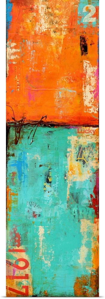 Vertical abstract artwork of vibrant orange and teal colors that reveals grunge lettering and graphical elements.