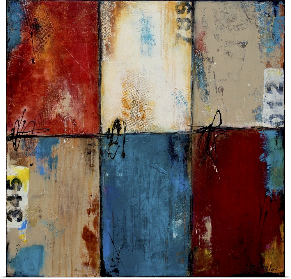 Contemporary abstract artwork of blue, red, and white color blocks.