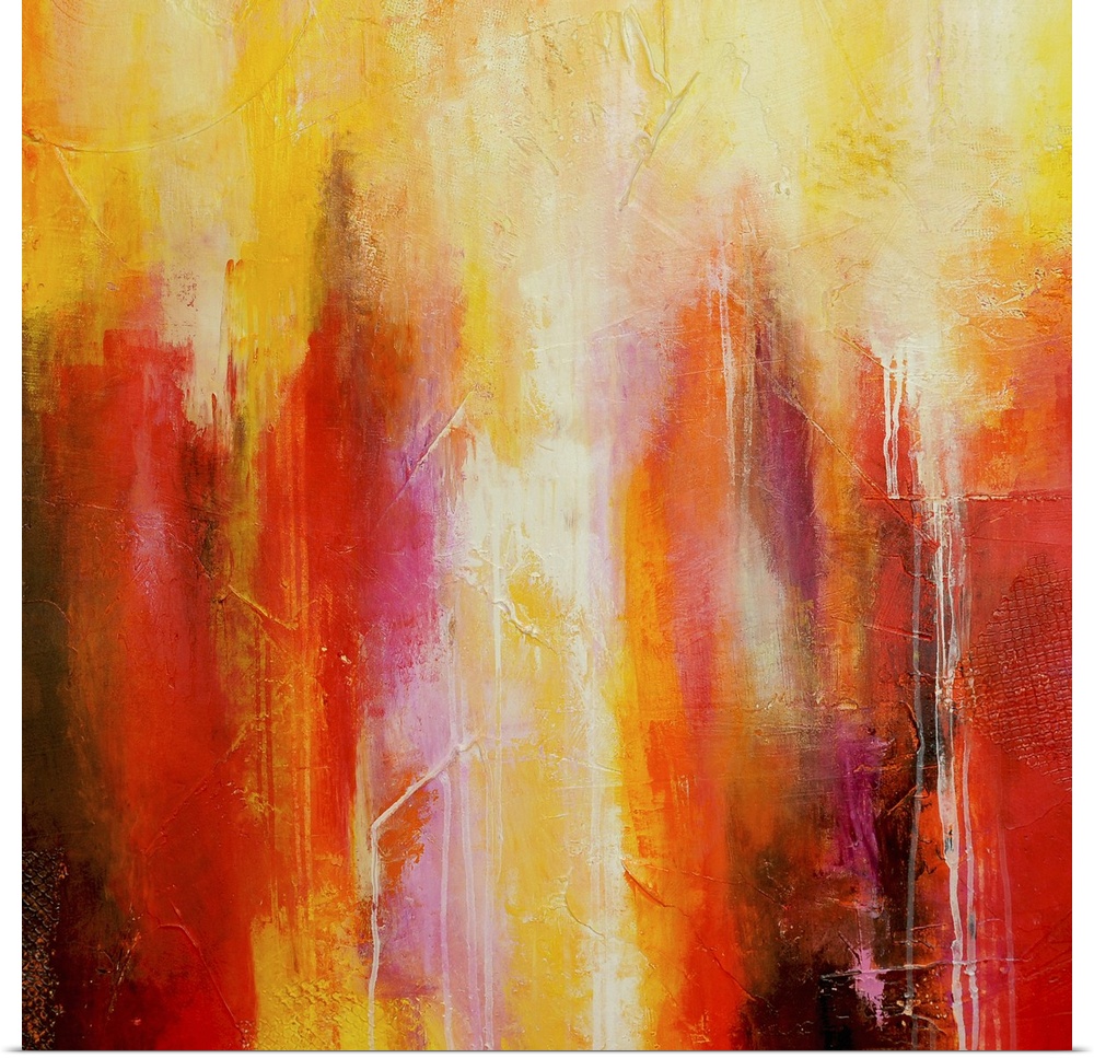Big abstract art includes different streaks of vibrant warm tones with a few sections of patterned squares laid on top.
