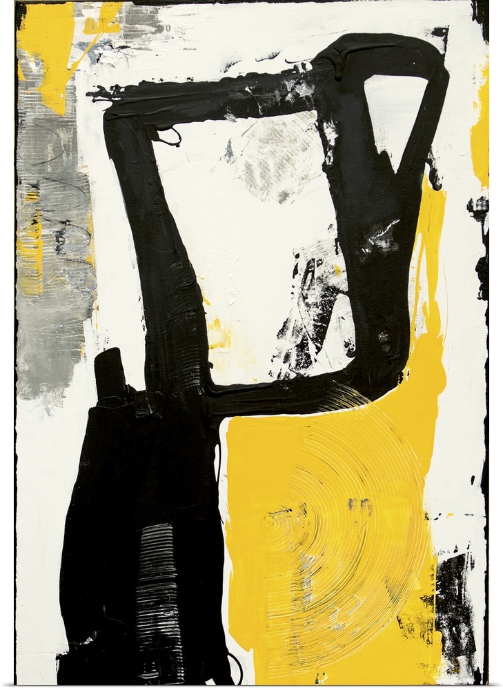 Contemporary abstract painting using harsh black strokes with yellow and gray.