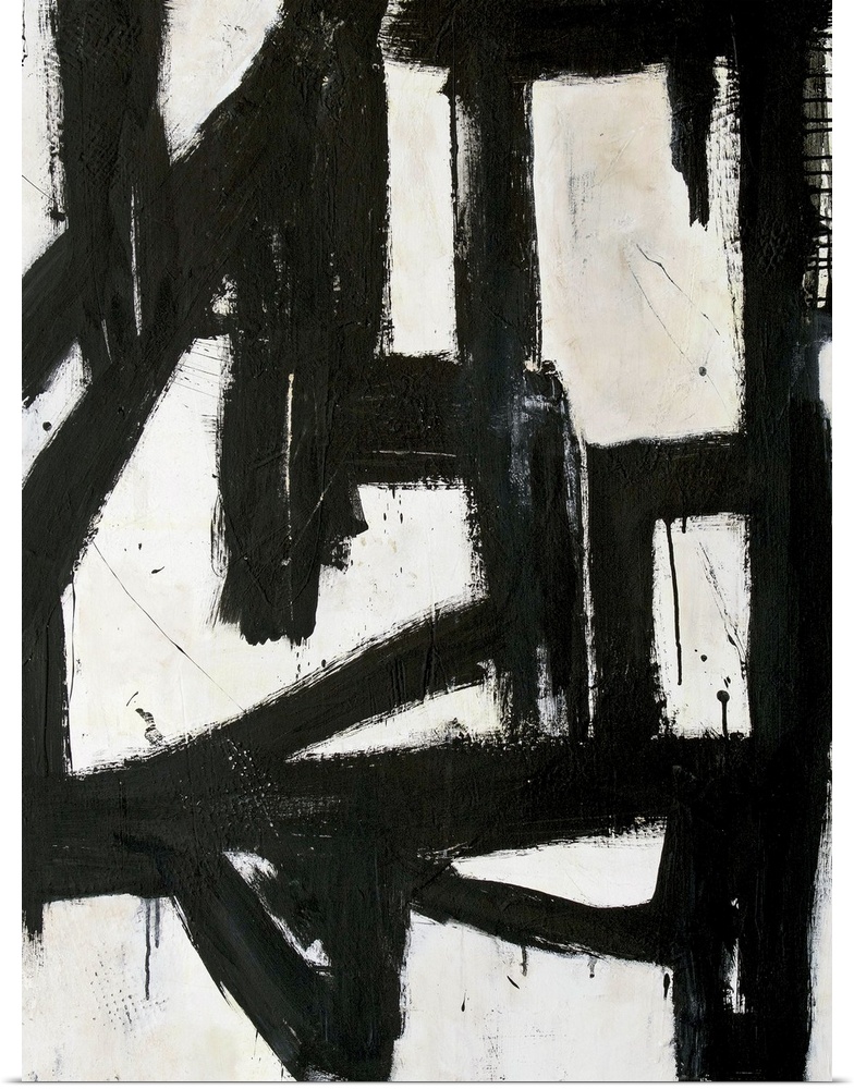 Contemporary abstract painting with thick black lines on white.