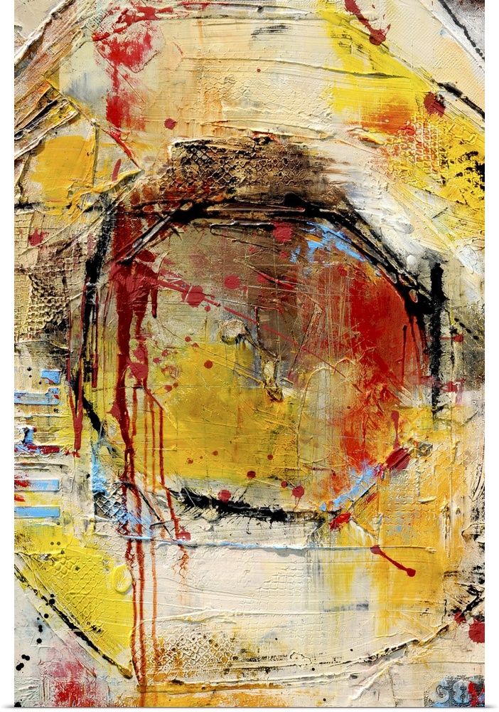 Contemporary painting with bold colors, splatters, and heavy textural elements, calling to mind a wrestling ring and fast ...