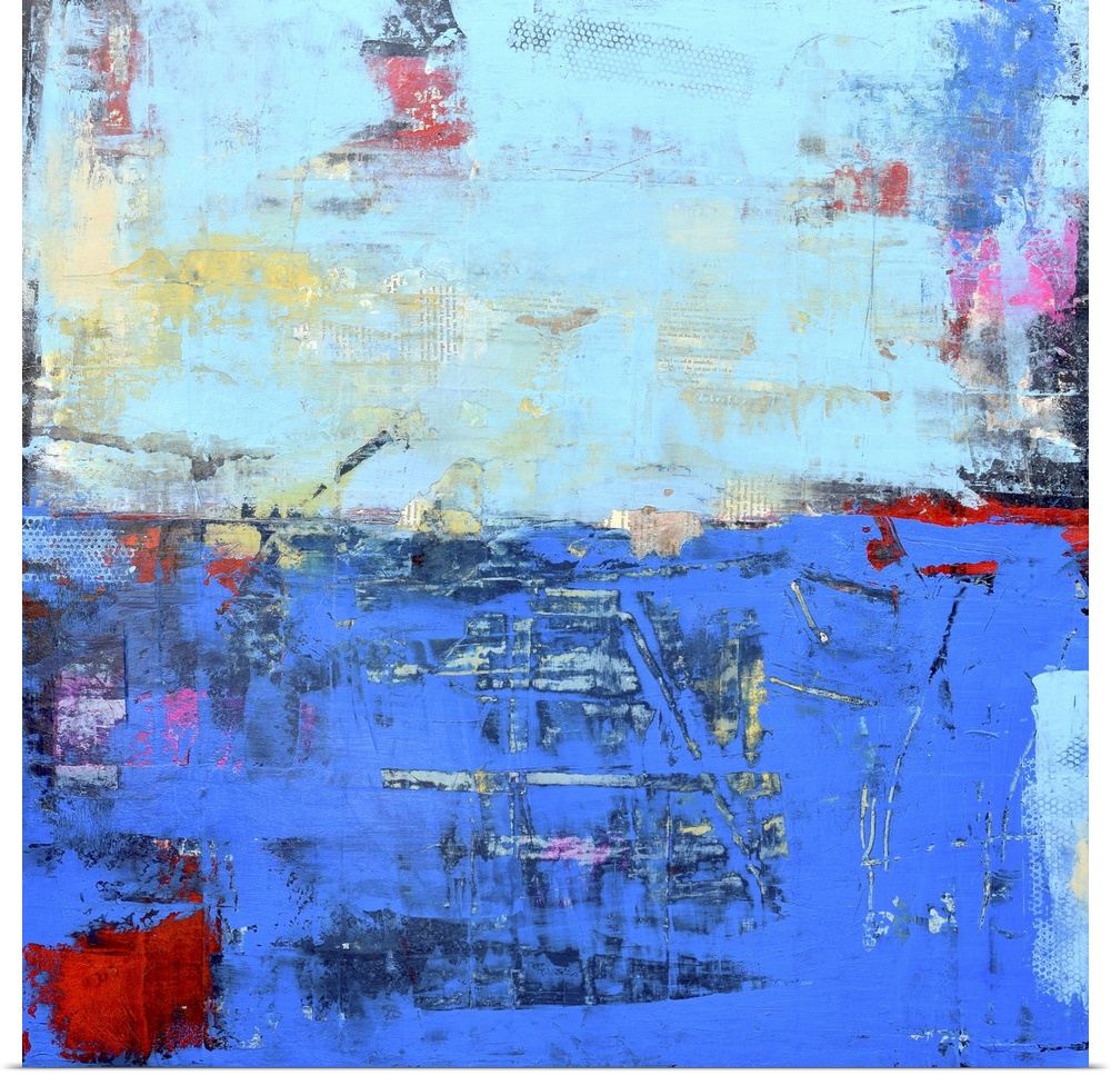 A contemporary abstract painting using a dark and light blue meeting face to face.
