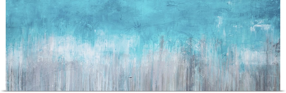 Horizontal abstract painting created with turquoise turning into grey with streaking lines running down to the bottom.