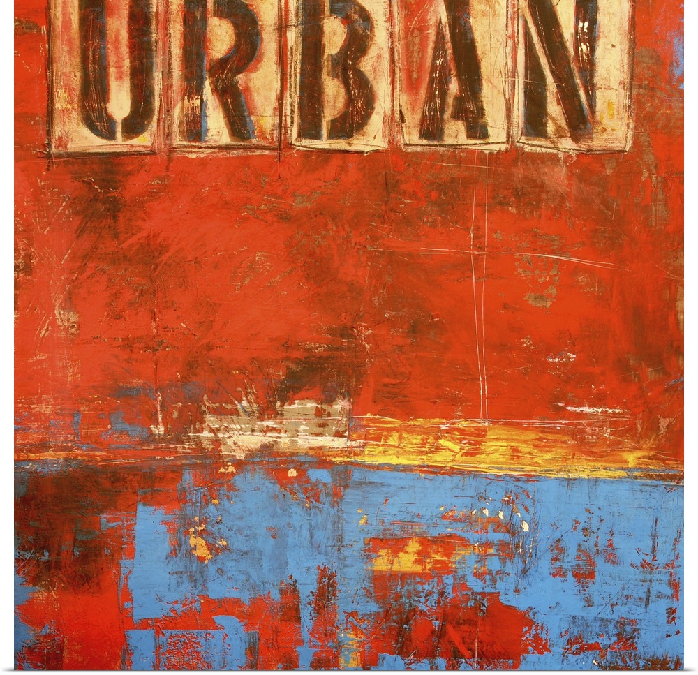 Contemporary abstract painting of a weathered grungy dark orange and blue tones with the word "Urban" stenciled at the top.