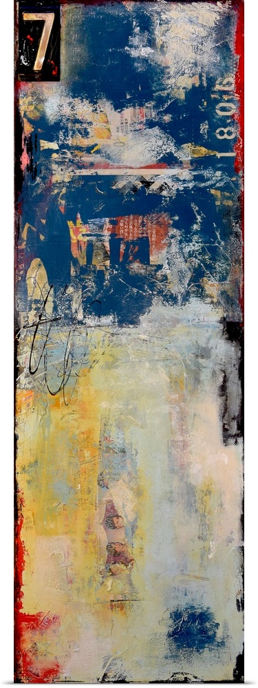 Tall panel abstract artwork in shades of blue, gray, yellow, black, and red created with mixed media and a large number 7 ...