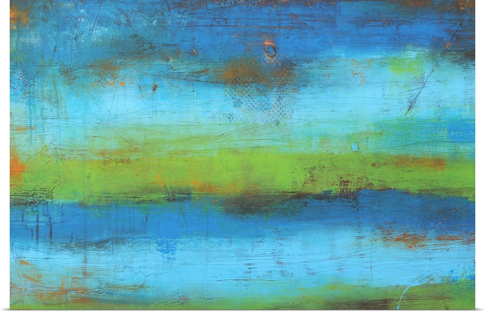 Contemporary abstract painting of a gradient going from top to bottom with grungy textures on top.