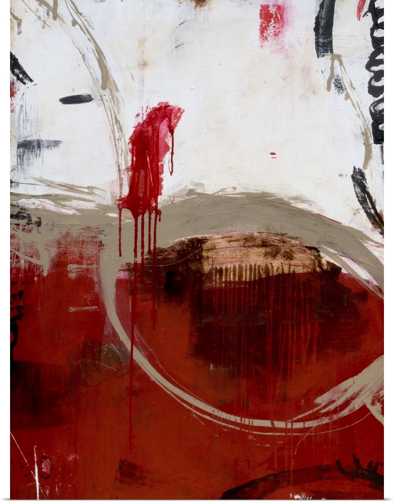 A heavily red, contemporary abstract painting which focuses on dark tones of black, tan, and grey brushstrokes spread thro...