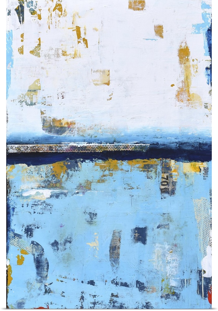 A contemporary abstract painting using white and a pale blue meeting face to face.