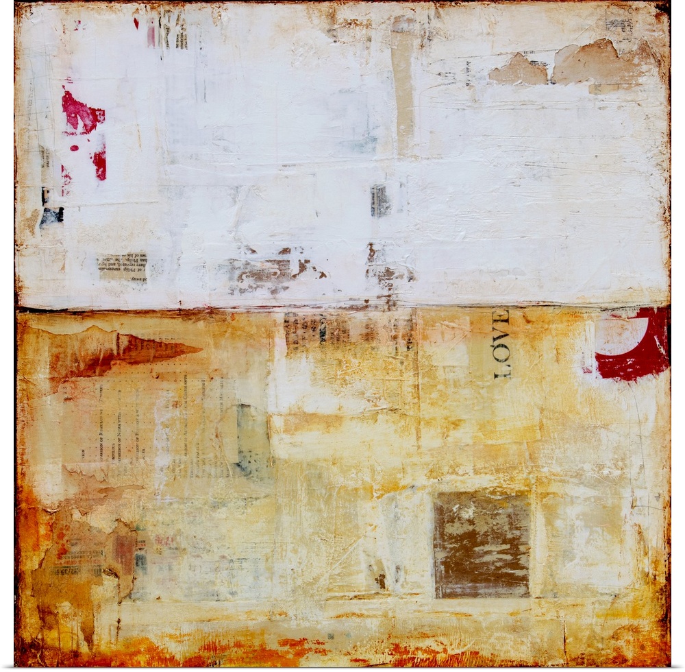 Square abstract art with layers of paint and textures in shades of white and yellow with pops of orange and red and subtle...