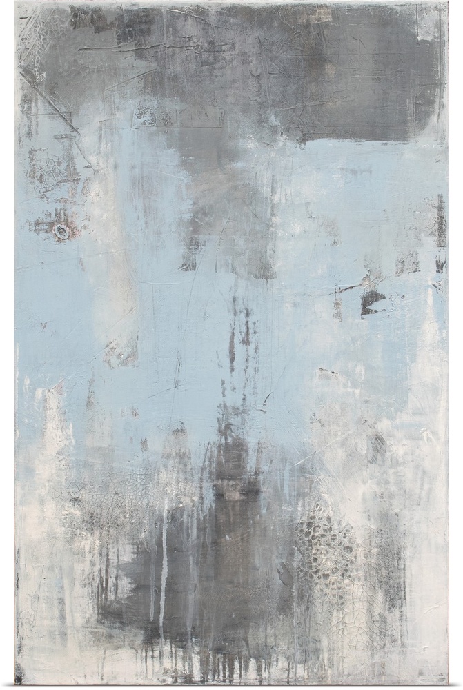 Vertical abstract painting created with shades of gray, white, and light blue.