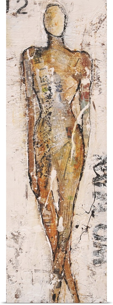 Contemporary abstract painting of a figure in tan tone with stenciled numbers.