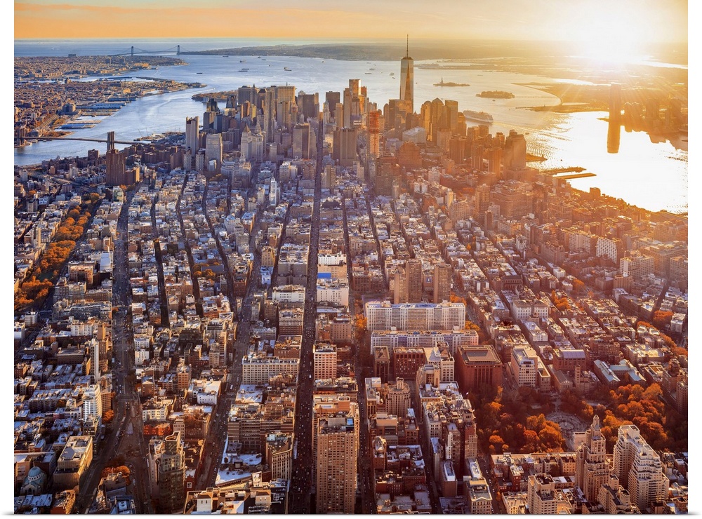 USA, New York City, Hudson, Manhattan, Lower Manhattan, Aerial view towards Lower Manhattan with One World Trade Center, M...