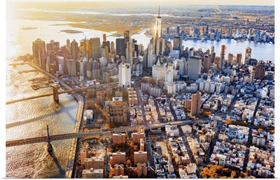 Aerial View Towards One World Trade Center, Manhattan Bridge And Brooklyn Bridge