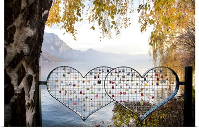 Austria, Gmunden, Metal Hearts Behind Ort Castle On Lake Traunsee