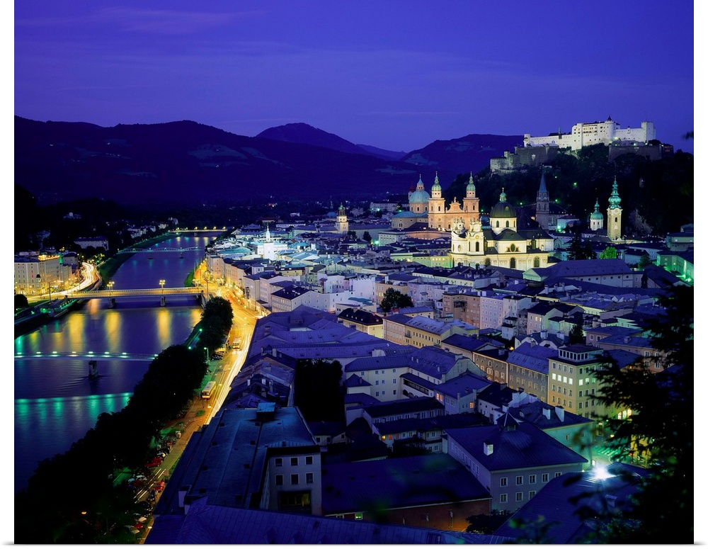 Austria, Salzburg, Night view on Salzach river and old town