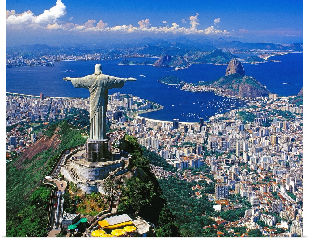 Blick auf Corcovado mit Christusstatue und Zuckerhut, Rio de Janeiro, Brasilien