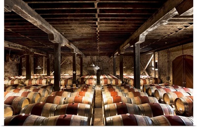 California, Napa Valley, Barrel room at the Hess Collection Winery